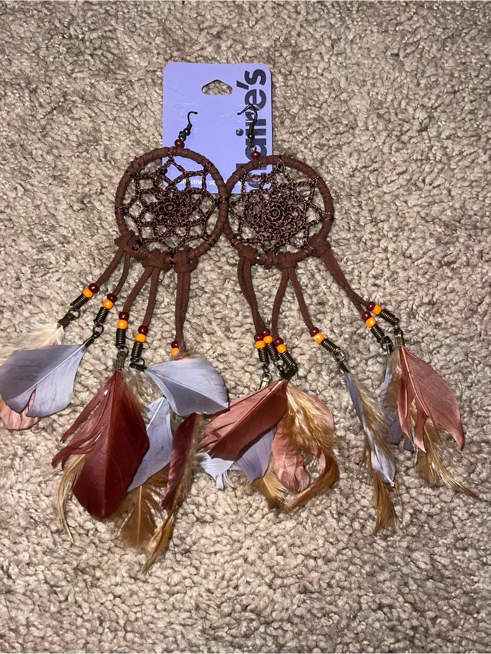 Boho Dreamcatcher Feather Earrings in Brown & Rust Claire’s